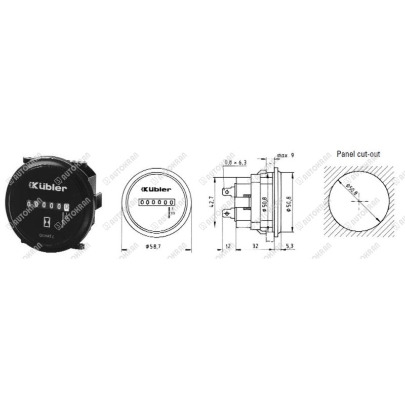 Licznik czasu pracy, motogodzin, roboczogodzin, okragły, fi 51mm. 10-80VDC,