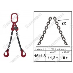 Zawiesie łańcuchowe 2 - cięgnowe MI. 16-8, 11,2t. - 6,0m, + haki skracające