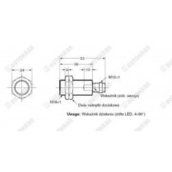 Czujnik indukcyjny M18, czoło zakryte, PNP/NO, zwierny podający (plus + ), 10-30VDC, z wtyczką M12, strefa działania 0-8 mm,