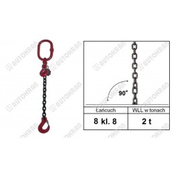 Zawiesie łańcuchowe 1 - cięgnowe MI.  8-8, 2,0t. - 3,5m, + hak skracający